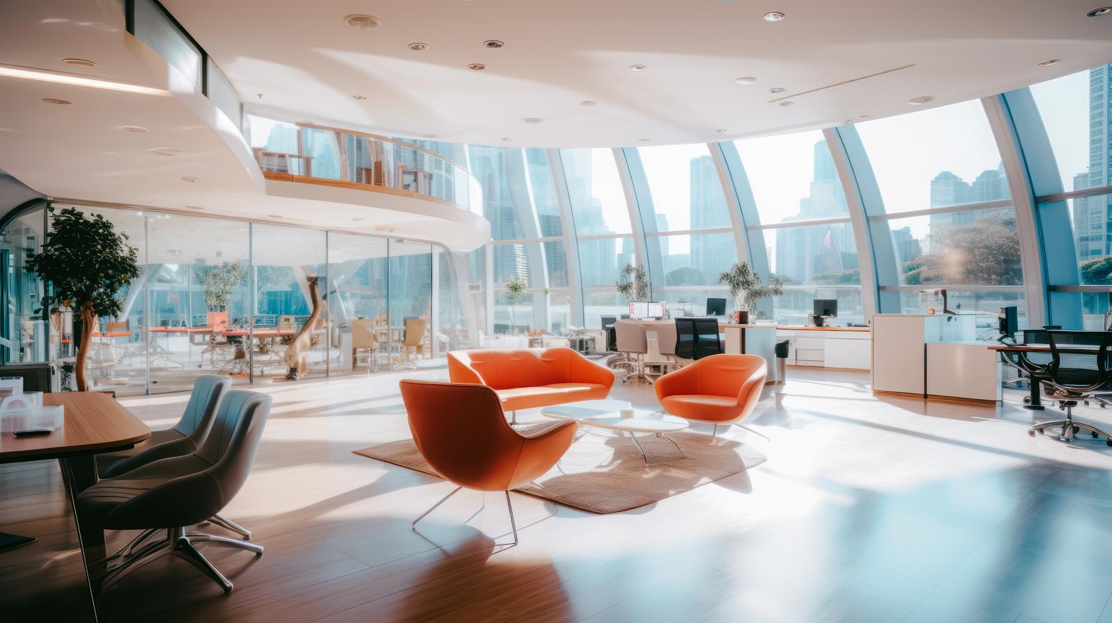 ガラス張りの高層オフィスで、オレンジソファーとデスク、モニターが置かれ都市景観が見える