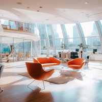 テクノロジー先進のオフィス環境と都市景観の写真