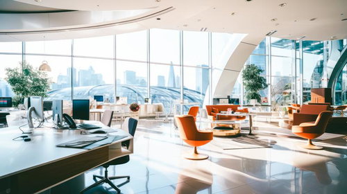 高層オフィスビルの明るいロビーとデスクワーク空間