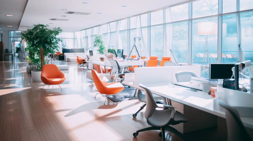 ガラス張りのモダンオフィス空間で紡ぐ創造の時間