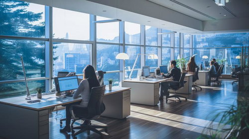 高層階の眺望を備えたデザイナー事務所風のワークスペース