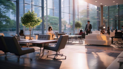 高層ビジネスエリアのモダンなラウンジ空間