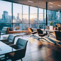 高層ビルの景色を背に広がるガラス張りのオフィスの夕暮れの写真