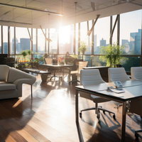 朝日が降り注ぐ高層ビルのオフィス空間とモダンなワークスペースの写真