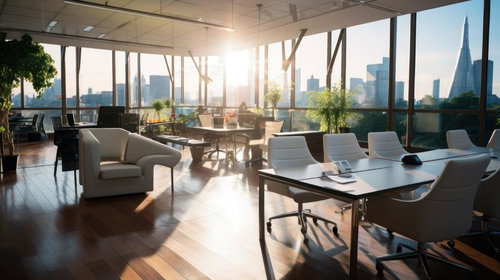 朝日が降り注ぐ高層ビルのオフィス空間とモダンなワークスペース