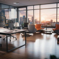 夕暮れに染まるガラス張りのハイフロアオフィスの写真