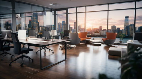 夕暮れに染まるガラス張りのハイフロアオフィス