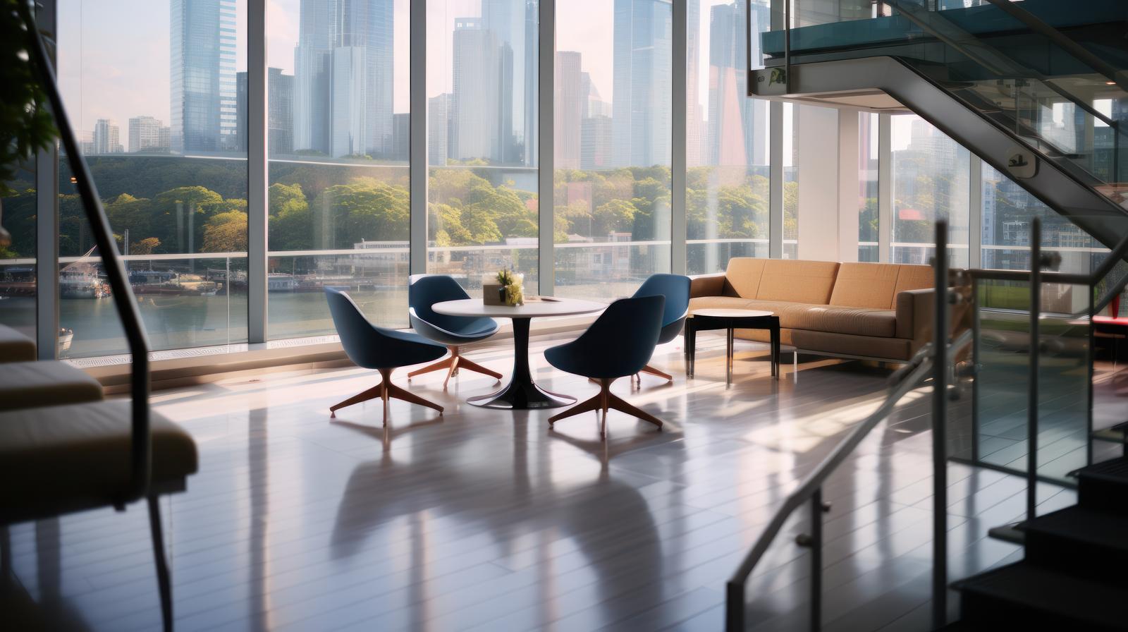 高層階のガラス張りオフィス。都市景観を見下ろす窓際に黒いチェアと丸いテーブルが配置されている