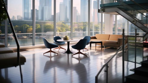 高層ビル眺望が広がる透明なガラス張りオフィス