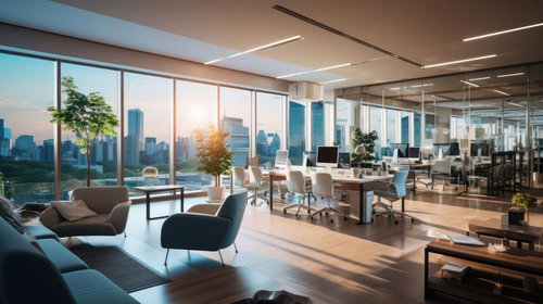 朝日が差し込む高層ビルのレンタルオフィス
