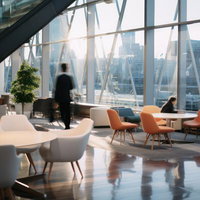 モダンオフィスのガラス張りロビーラウンジの写真