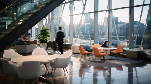 ガラス張りのモダンオフィスロビー、高層階の展望が見える都市ビジネス空間