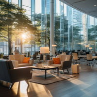 ガラス張りのロビーから望む夕焼けのオフィステナントの写真