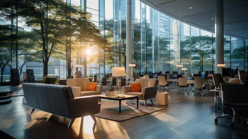 ガラス張りのロビーから望む夕焼けのオフィステナント