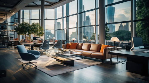 高層階から都市を望むオシャレなオフィスロビー
