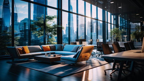 ガラス張りの高層オフィスから都市景観を眺めるワークスペース