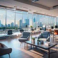 高層階のガラス張りオフィスから望む都市景観の写真