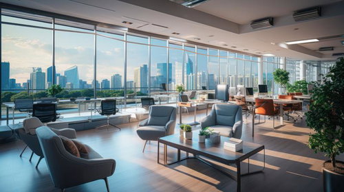 高層階のガラス張りオフィスから望む都市景観