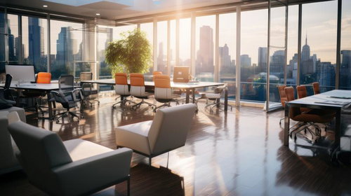 夕焼けに染まるハイフロアのオフィスライフ