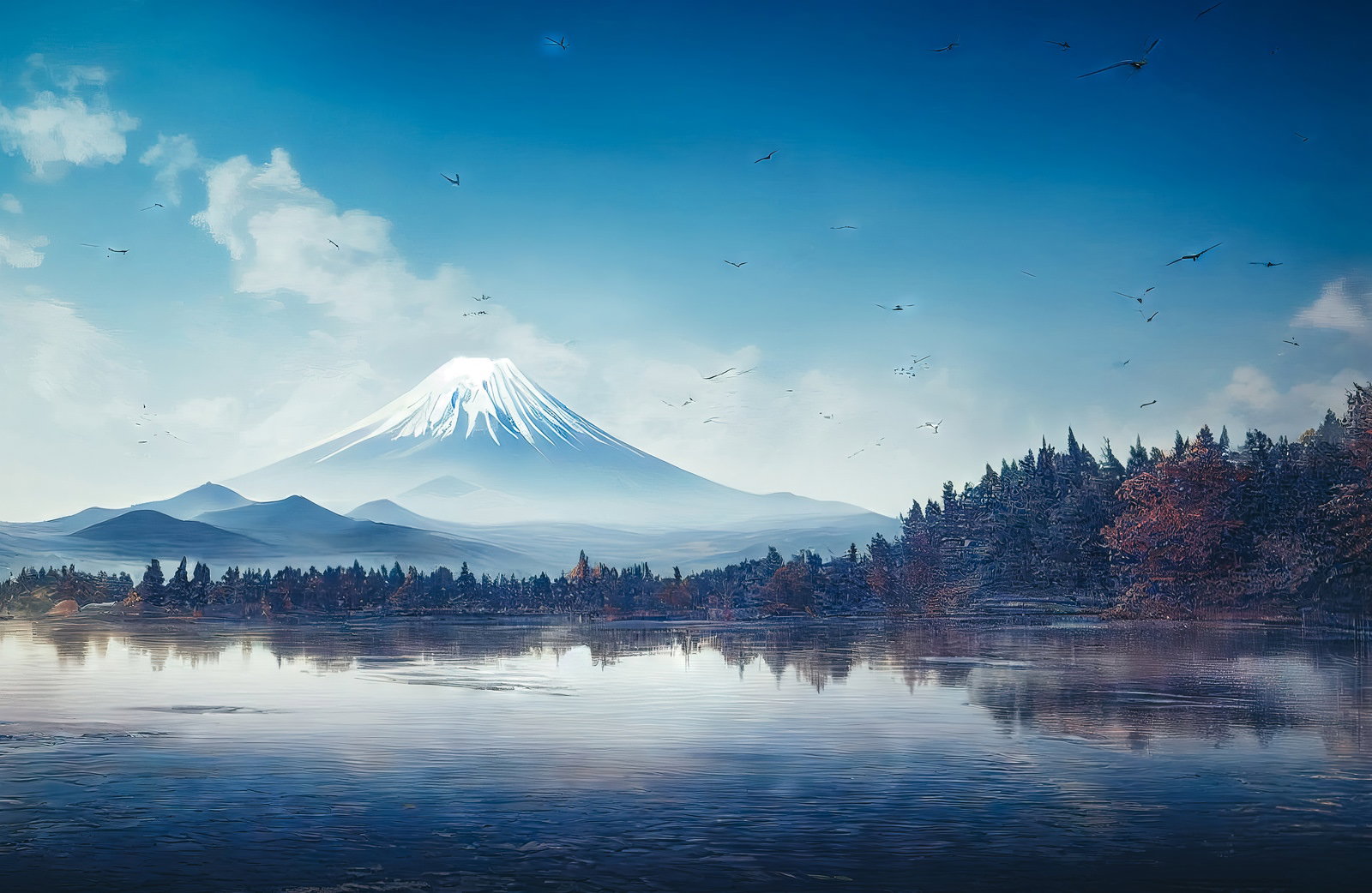 雪山を背景にした湖で渡り鳥が飛び交う冬の風景