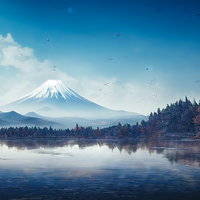渡り鳥が飛び交う冬の湖と雪山の風景 AI生成の写真
