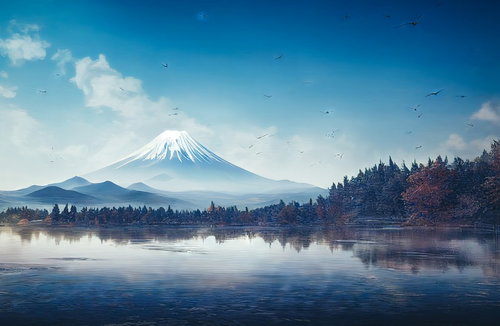 渡り鳥が飛び交う冬の湖と雪山の風景 AI生成