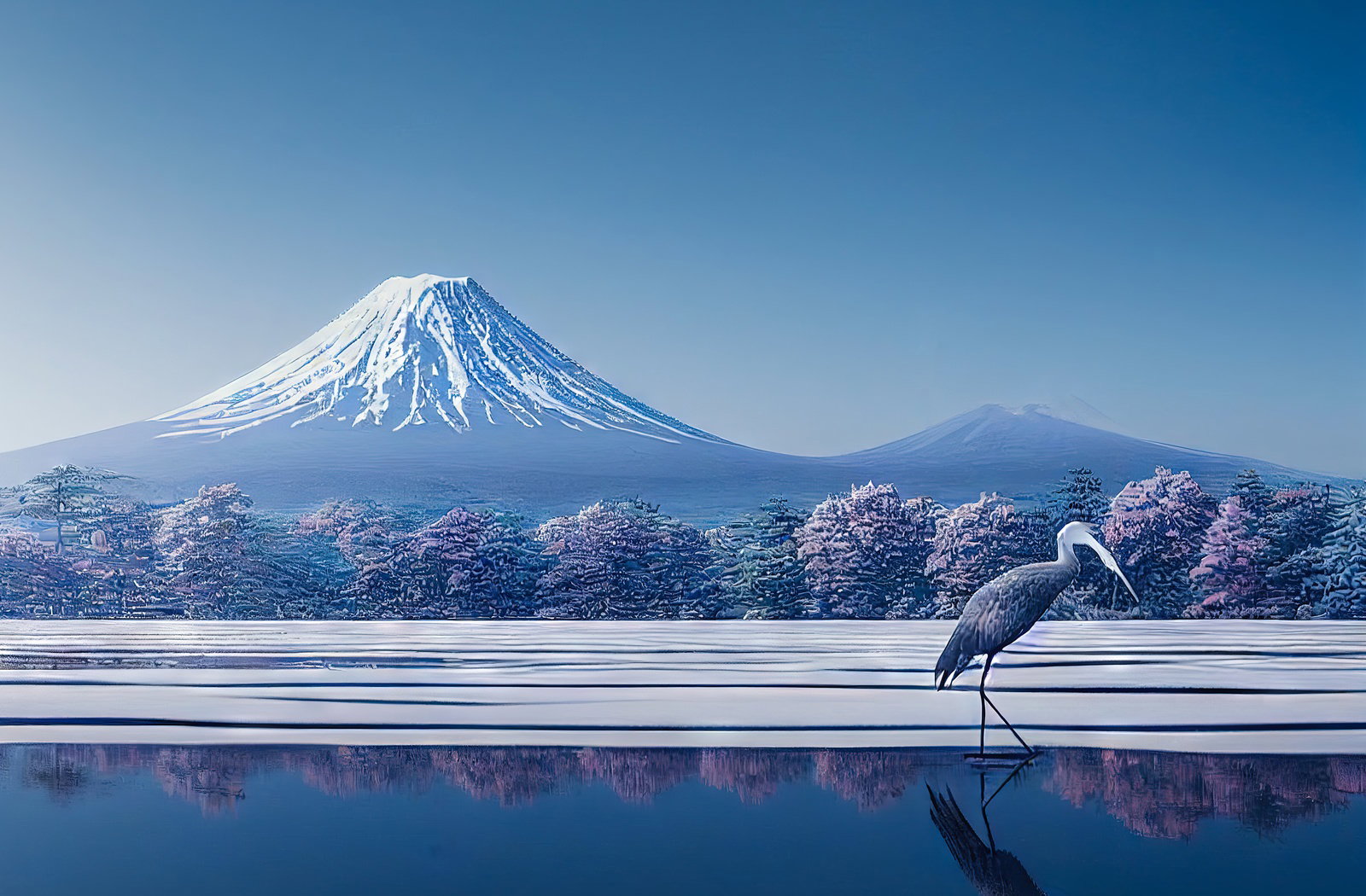 凍った湖面を歩く白い鳥と背景にそびえる雪山の冬景色