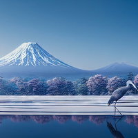 凍った湖面を歩く白い鳥とそびえ立つ雪山の冬景色の写真
