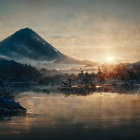 日の出の光が差し込む雪山と湖畔の朝焼けの自然風景の写真