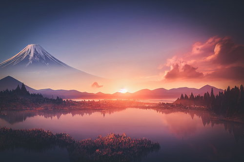 雪山を背景に夕焼けが映える爆焼けの湖畔の絶景