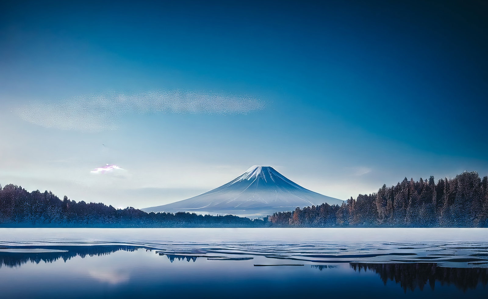 氷に覆われた湖面と背景に雪を頂いた山々が映る冬の風景
