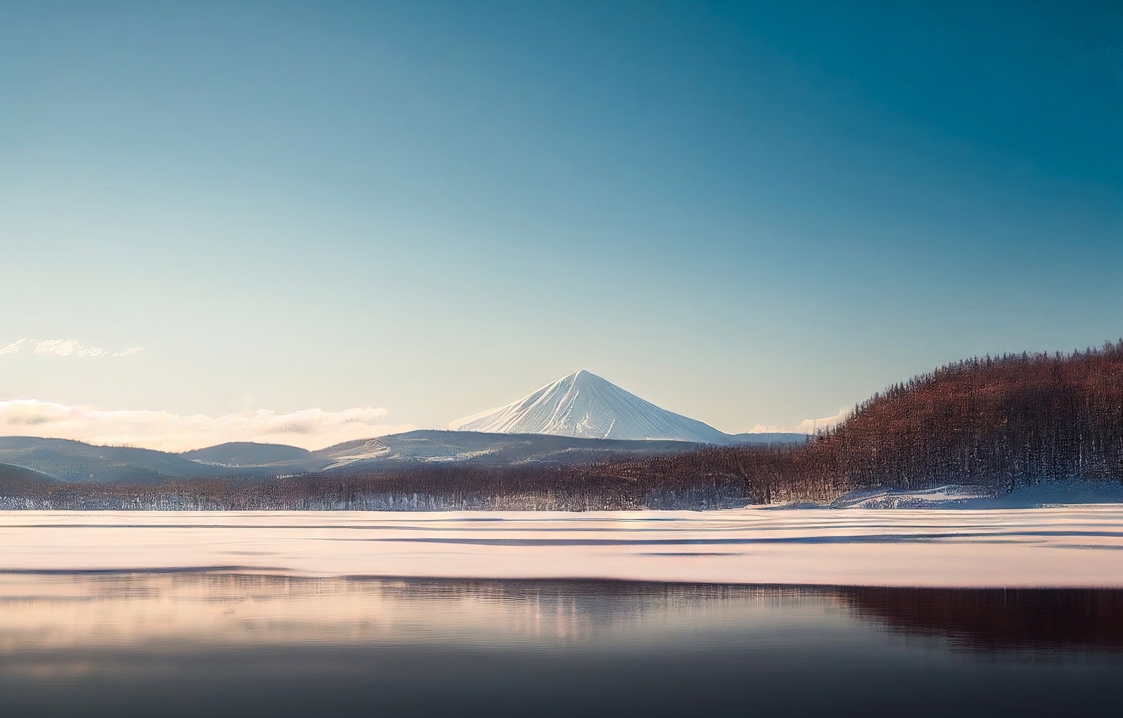 雪を被った山々が湖面に映り込む冬の湖畔風景