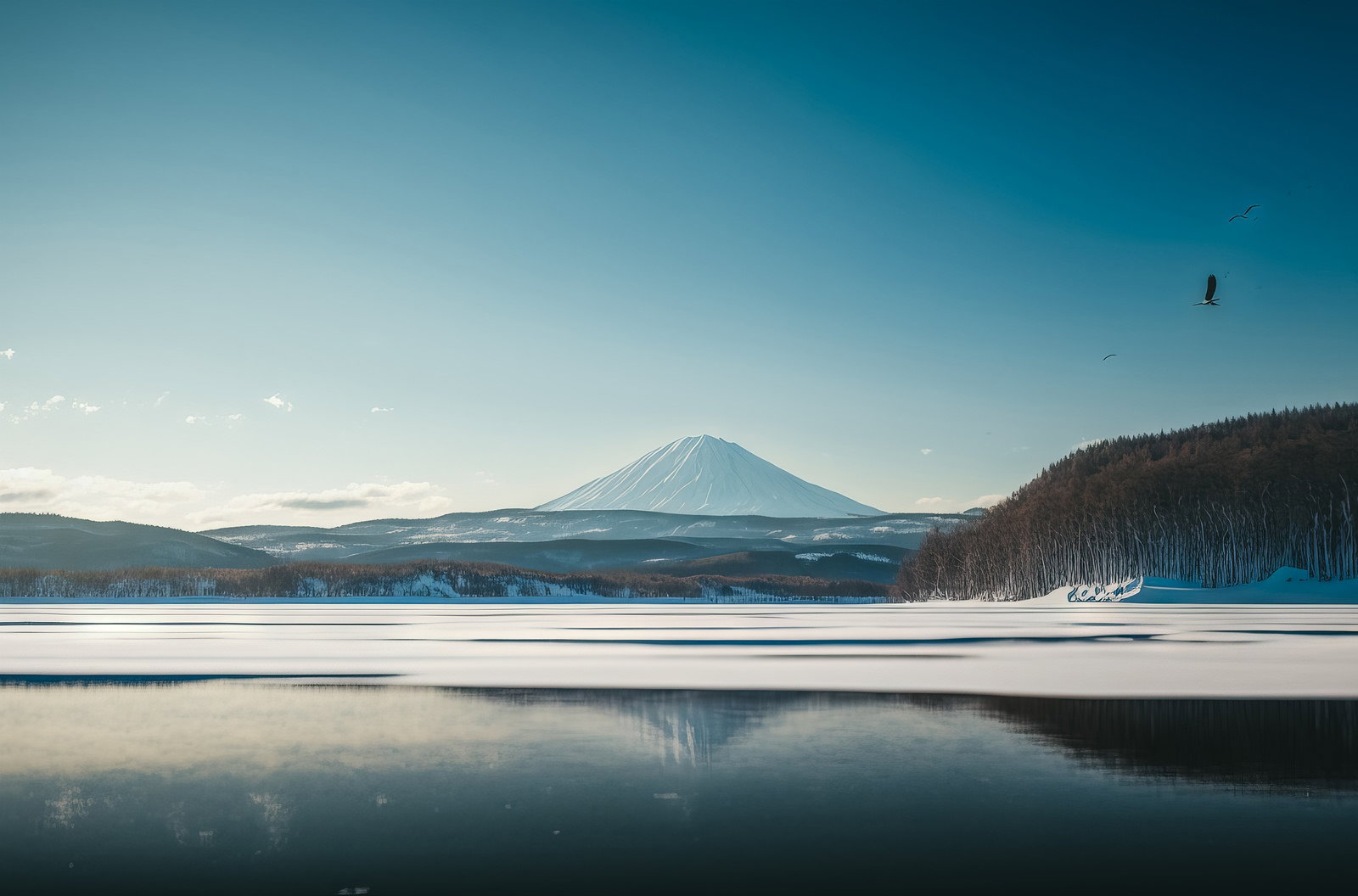 雪山を背景にした冬の湖に佇む渡り鳥と湖面のリフレクション