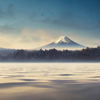 雪化粧した雄大な山々と湖畔を飛ぶ渡り鳥たちの冬景色の写真