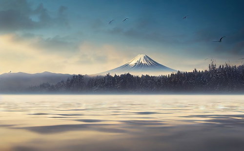 雪化粧した雄大な山々と湖畔を飛ぶ渡り鳥たちの冬景色