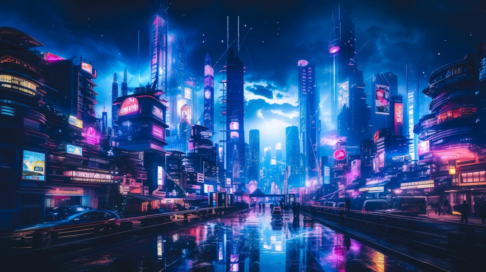 ネオンが輝くサイバー都市の夜景：青く光る高層ビルと水面反射のAI画像