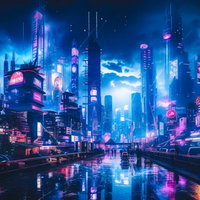 ネオンが輝くサイバー都市の夜景：青く光る高層ビルと水面反射の写真