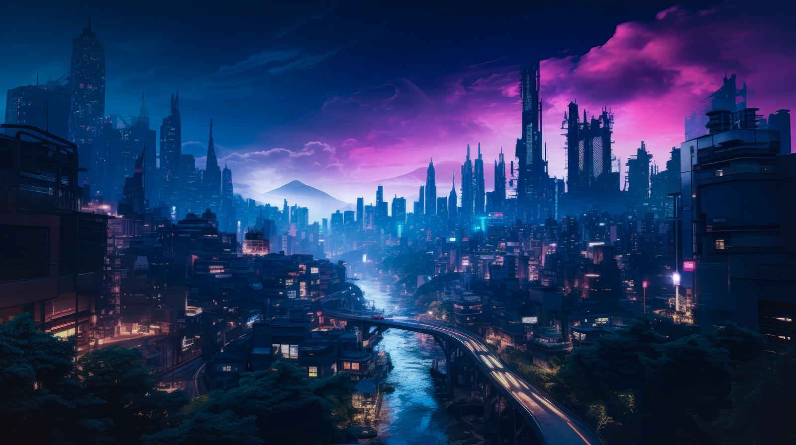 紫のネオンに照らされたサイバーパンク風の夜間都市景観