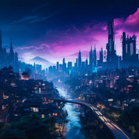 夜明けのサイバーパンク都市風景 ネオンに輝く近未来の高層ビル群の写真