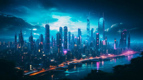 ネオンに輝く海岸沿いのサイバーパンク都市景観