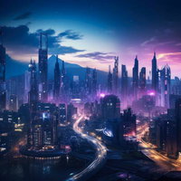 夜明けの光が差し込む近未来のビル群（サイバーパンク風）の写真