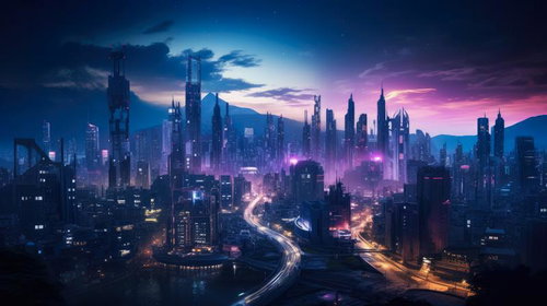 夜明けの光が差し込む近未来のビル群（サイバーパンク風）