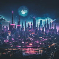 紫色のネオン光が照らす近未来都市風の都市景観の写真