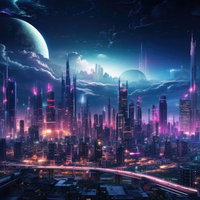 サイバー感あるネオン色の仮想都市 ピンク青ネオン高層ビル群の写真