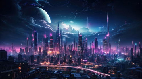 サイバー感あるネオン色の仮想都市 ピンク青ネオン高層ビル群