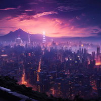 ネオンサインに輝く仮想都市の夜景を見回すの写真