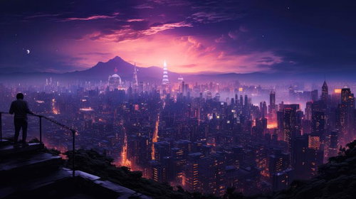 ネオンサインに輝く仮想都市の夜景を見回す