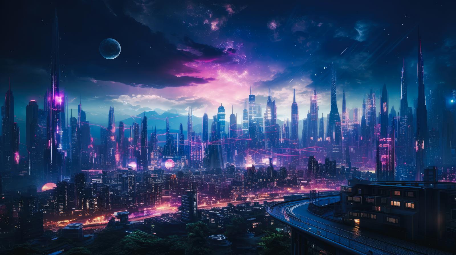 ネオンライトで光る高層ビル群と惑星がある未来都市の夜景