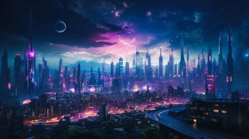 ネオン光が彩る高層ビル群の未来都市風景