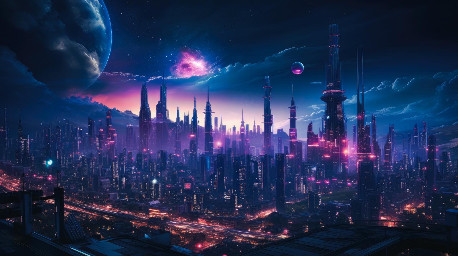 ネオン色の高層ビル群が立つ近未来都市の夜景、宇宙的背景付き